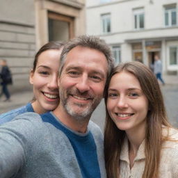 A warm, spontaneous scene of a man and a girl, probably father and daughter, taking a selfie. The girl is looking lovingly at the man's face, capturing a genuinely candid moment.