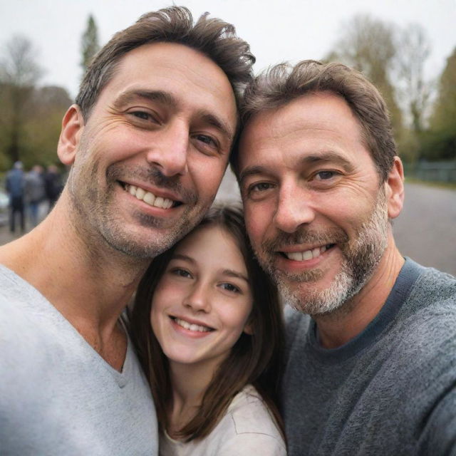 A warm, spontaneous scene of a man and a girl, probably father and daughter, taking a selfie. The girl is looking lovingly at the man's face, capturing a genuinely candid moment.