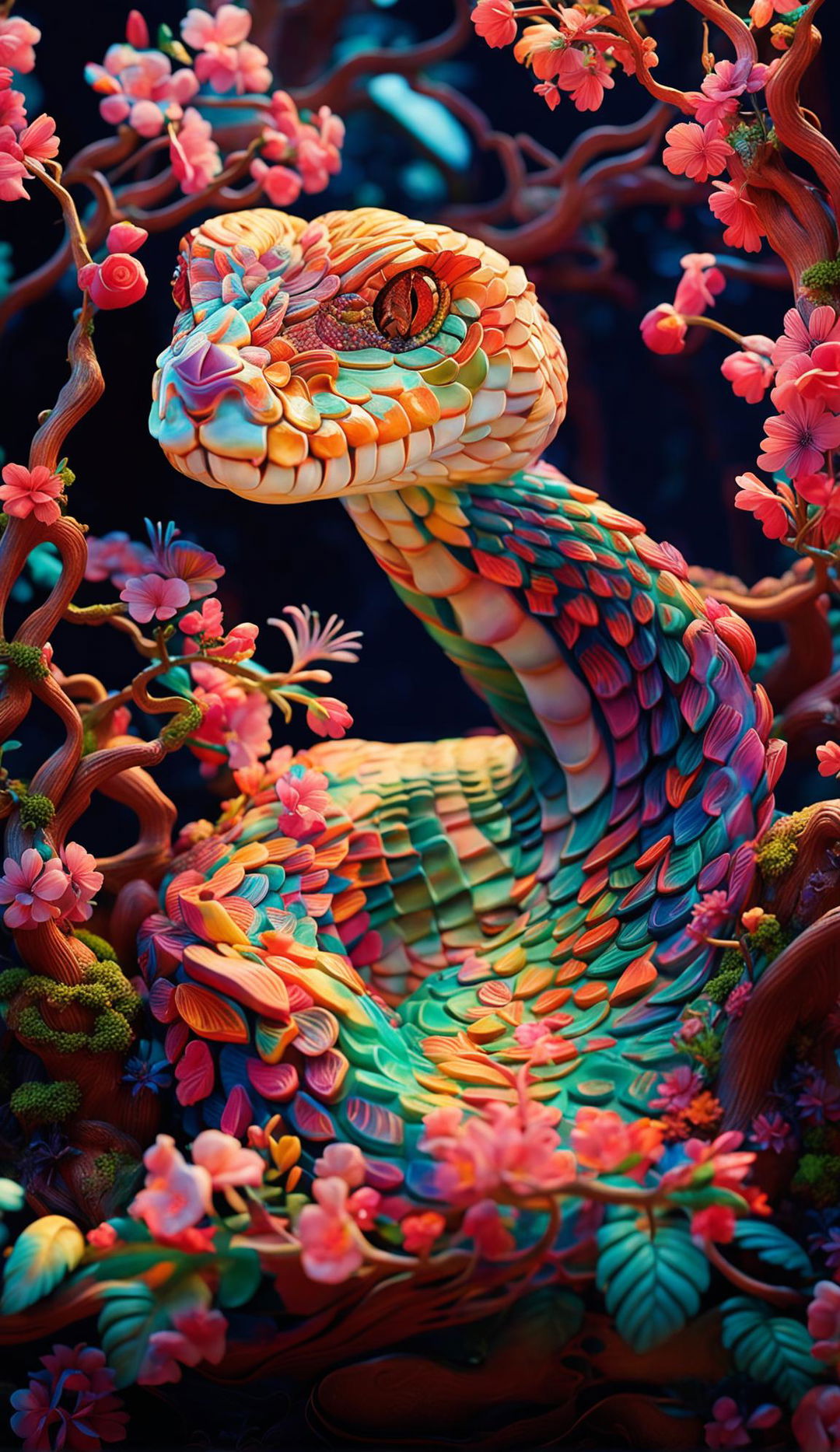 A hyper-realistic 3D Rococo-inspired snake in a vibrant, mythical forest filled with bioluminescent flowers and towering trees. The snake is coiled around a flowering tree, its scales reflecting the colours of the blossoms. The image exudes a sense of joy and tranquillity.