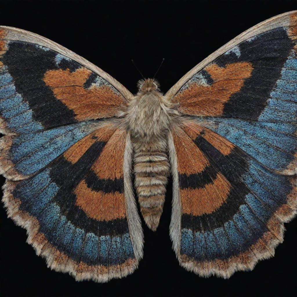 A close up view of a Papachi' moth in high detail. Its wings are spread, showcasing intricate patterns and colors, while its body displays fuzzy textures against a night sky backdrop.