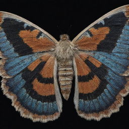 A close up view of a Papachi' moth in high detail. Its wings are spread, showcasing intricate patterns and colors, while its body displays fuzzy textures against a night sky backdrop.