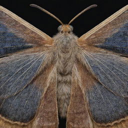 A close up view of a Papachi' moth in high detail. Its wings are spread, showcasing intricate patterns and colors, while its body displays fuzzy textures against a night sky backdrop.