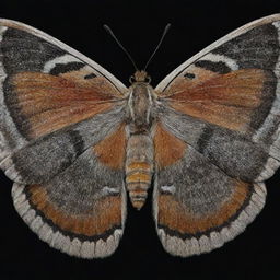 A close up view of a Papachi' moth in high detail. Its wings are spread, showcasing intricate patterns and colors, while its body displays fuzzy textures against a night sky backdrop.