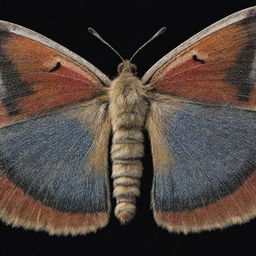 A close up view of a Papachi' moth in high detail. Its wings are spread, showcasing intricate patterns and colors, while its body displays fuzzy textures against a night sky backdrop.