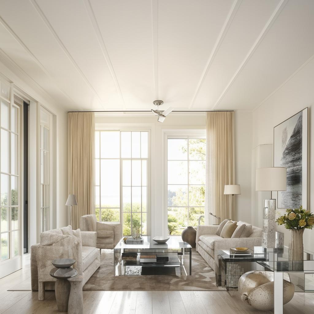 An elegant all-white interior design of a spacious modern living room with natural light.