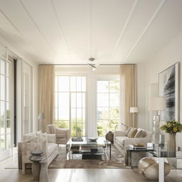 An elegant all-white interior design of a spacious modern living room with natural light.