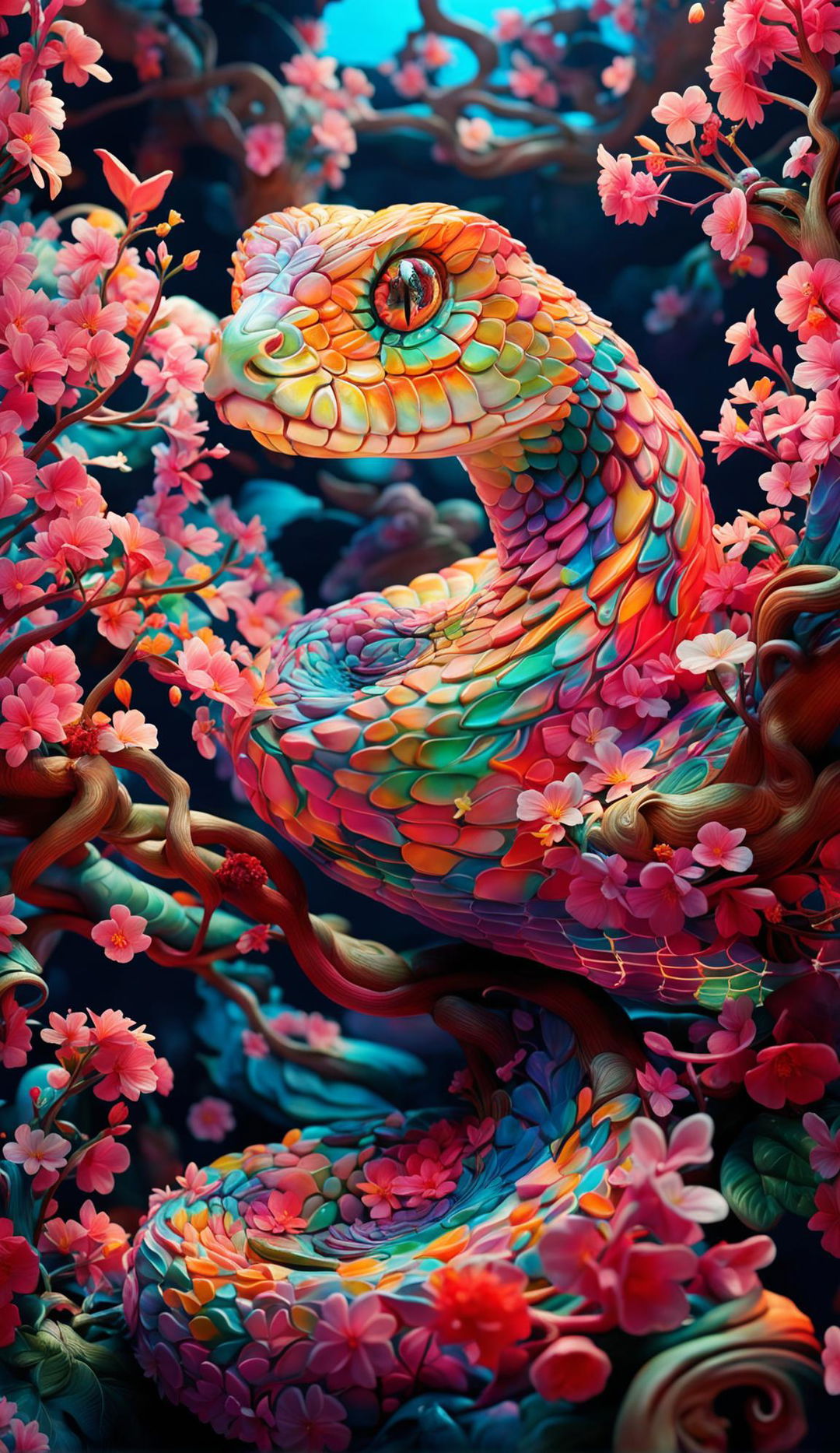 A hyper-realistic 3D Rococo-inspired snake in a vibrant, mythical forest filled with bioluminescent flowers and towering trees. The snake is coiled around a flowering tree, its scales reflecting the colours of the blossoms. The image exudes a sense of joy and tranquillity.