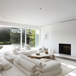 An elegant all-white interior design of a spacious modern living room with natural light.