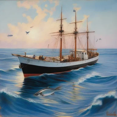 The painting depicted a serene ocean scene with a banded rudderfish trailing behind a ship.