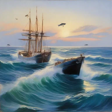 The painting depicted a serene ocean scene with a banded rudderfish trailing behind a ship.