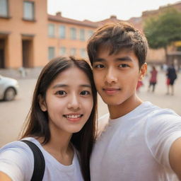 A young boy and girl engrossed in taking a selfie, the girl affectionately looking at the boy in midst of the act with a warm background setting.