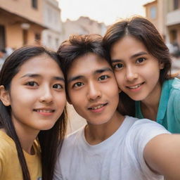 A young boy and girl engrossed in taking a selfie, the girl affectionately looking at the boy in midst of the act with a warm background setting.