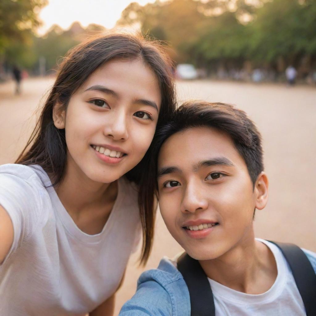 A young boy and girl engrossed in taking a selfie, the girl affectionately looking at the boy in midst of the act with a warm background setting.