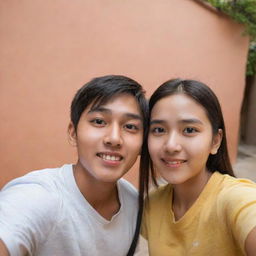 A young boy and girl engrossed in taking a selfie, the girl affectionately looking at the boy in midst of the act with a warm background setting.