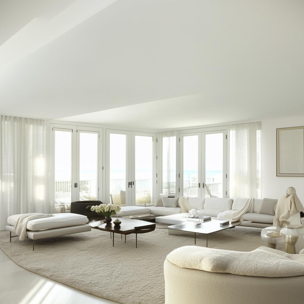 An elegant all-white interior design of a spacious modern living room with natural light.