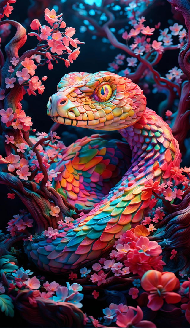 A hyper-realistic 3D Rococo-inspired snake in a vibrant, mythical forest filled with bioluminescent flowers and towering trees. The snake is coiled around a flowering tree, its scales reflecting the colours of the blossoms. The image exudes a sense of joy and tranquillity.