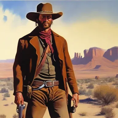 The artist created a stunning painting depicting a trigger-happy gunslinger in the Wild West.