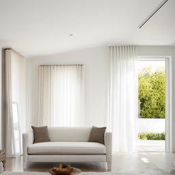 An elegant all-white interior design of a spacious modern living room with natural light.