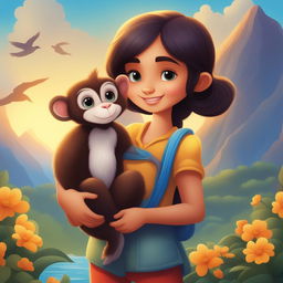 A high-quality, detailed cartoon illustration of a storybook character-like girl with her pet monkey, set against a backdrop of beautiful, infinite scenery