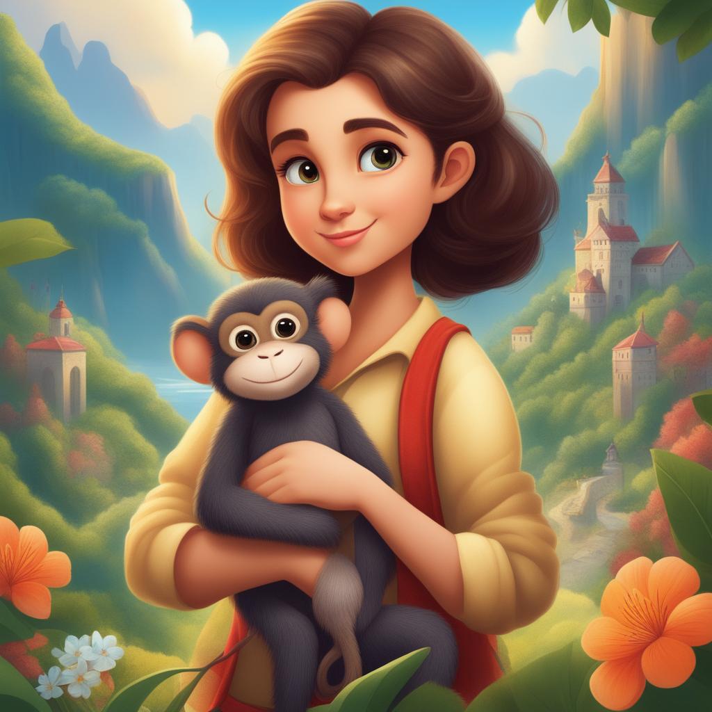 A high-quality, detailed cartoon illustration of a storybook character-like girl with her pet monkey, set against a backdrop of beautiful, infinite scenery