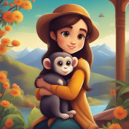 A high-quality, detailed cartoon illustration of a storybook character-like girl with her pet monkey, set against a backdrop of beautiful, infinite scenery