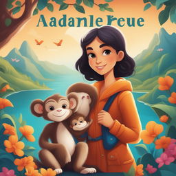 A high-quality, detailed cartoon illustration of a storybook character-like girl with her pet monkey, set against a backdrop of beautiful, infinite scenery