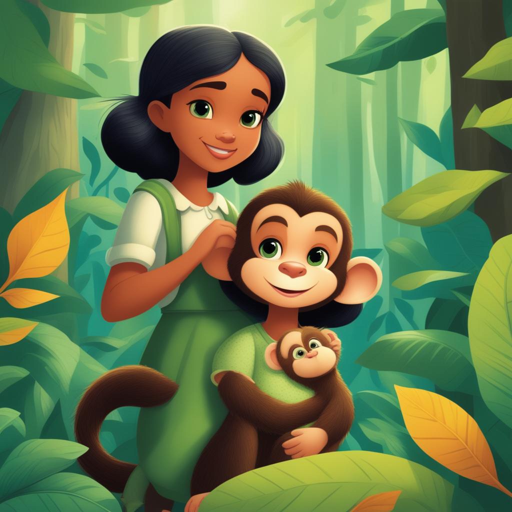 A detailed cartoon illustration of a girl and her pet monkey in a vibrant, lush green forest scenery