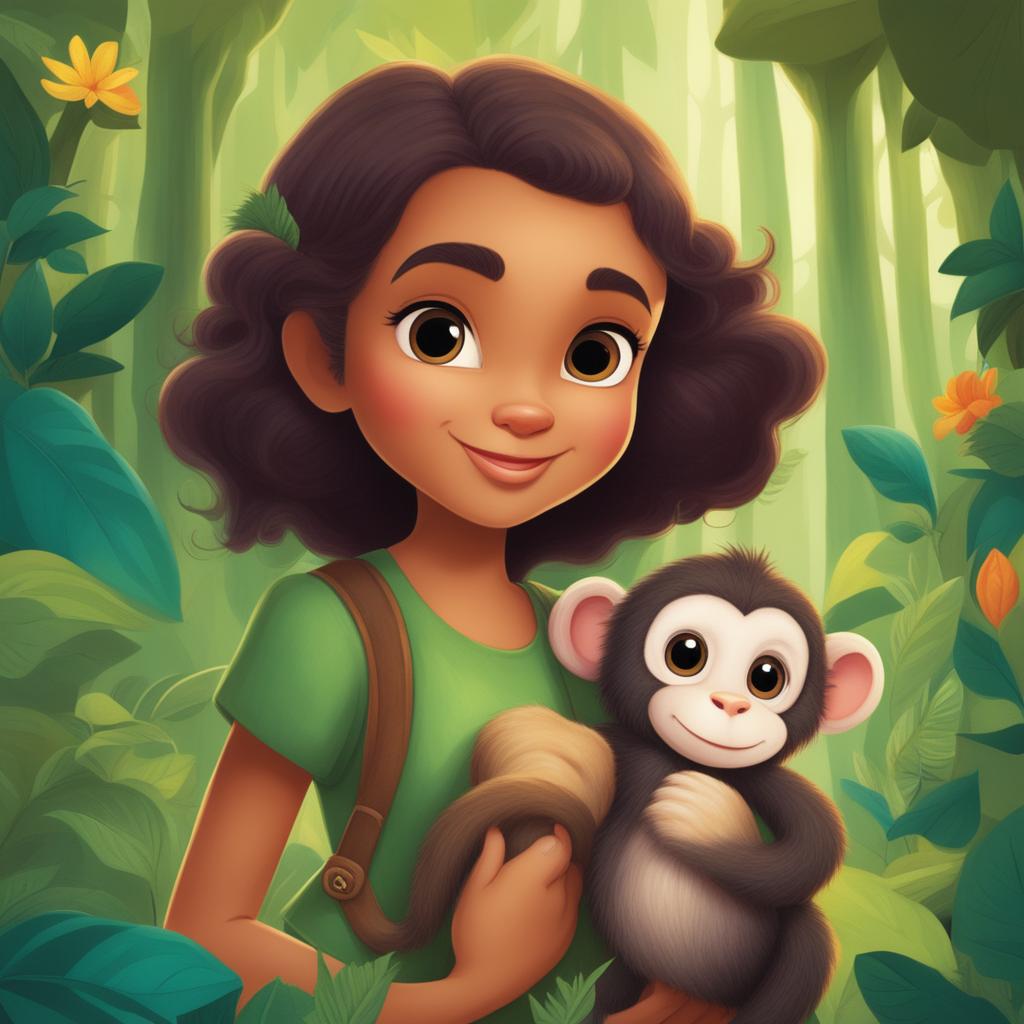 A detailed cartoon illustration of a girl and her pet monkey in a vibrant, lush green forest scenery