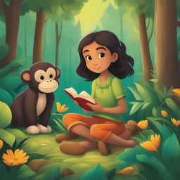 A detailed cartoon illustration of a girl and her pet monkey in a vibrant, lush green forest scenery