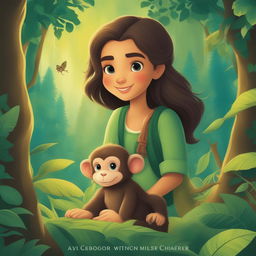 A detailed cartoon illustration of a girl and her pet monkey in a vibrant, lush green forest scenery