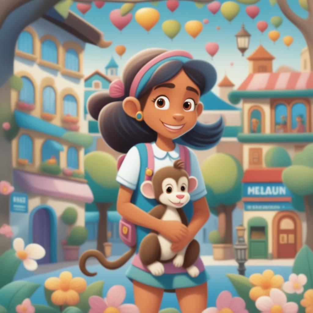 A new cartoon illustration showing the girl and her pet monkey exploring a bustling town square