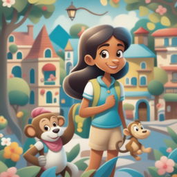 A new cartoon illustration showing the girl and her pet monkey exploring a bustling town square