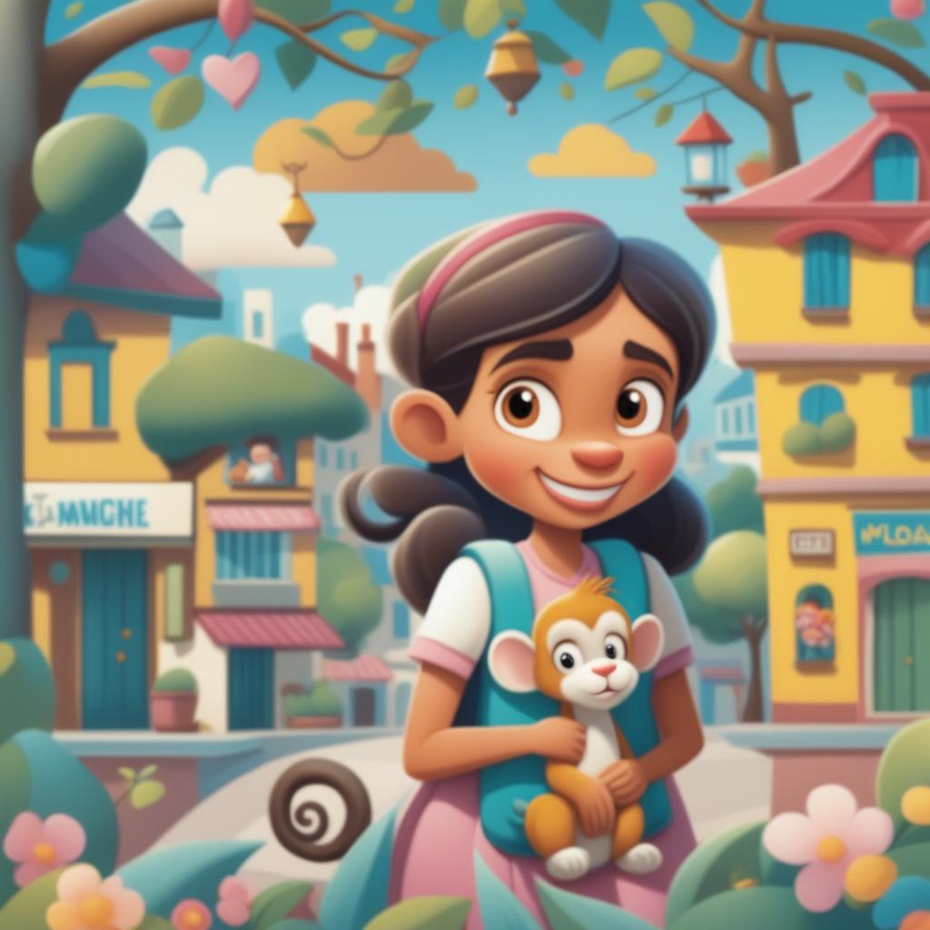 A new cartoon illustration showing the girl and her pet monkey exploring a bustling town square