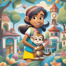 A new cartoon illustration showing the girl and her pet monkey exploring a bustling town square