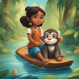 A vibrant cartoon illustration of the same girl and her pet monkey, this time navigating a river on a wooden raft amidst a dense jungle