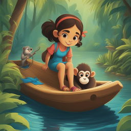 A vibrant cartoon illustration of the same girl and her pet monkey, this time navigating a river on a wooden raft amidst a dense jungle