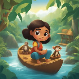 A vibrant cartoon illustration of the same girl and her pet monkey, this time navigating a river on a wooden raft amidst a dense jungle