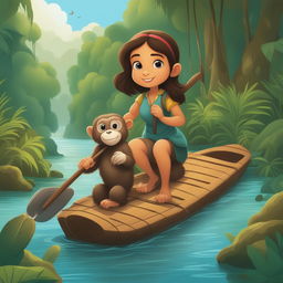 A vibrant cartoon illustration of the same girl and her pet monkey, this time navigating a river on a wooden raft amidst a dense jungle