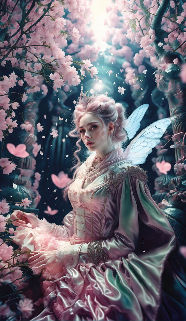 A Rococo-Final Fantasy styled woman in a mystical forest with light filtering through trees, fairy lights, magical white and pink lighting, flower aesthetic, fantasy vibes, bokeh effect, vignette framing, falling sakura petals and water vapour in 32k resolution.