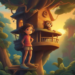 A vibrant cartoon illustration of the same girl and her pet monkey, this time in a treehouse amidst a dense forest at sunset