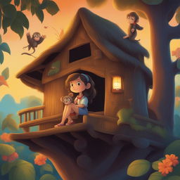 A vibrant cartoon illustration of the same girl and her pet monkey, this time in a treehouse amidst a dense forest at sunset