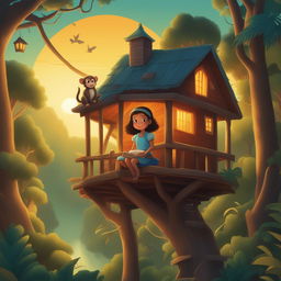 A vibrant cartoon illustration of the same girl and her pet monkey, this time in a treehouse amidst a dense forest at sunset