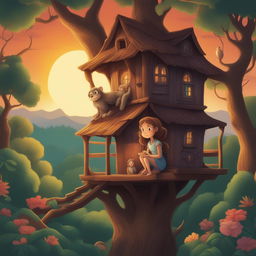 A vibrant cartoon illustration of the same girl and her pet monkey, this time in a treehouse amidst a dense forest at sunset