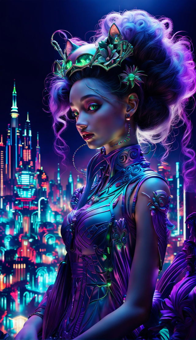 Hyper-realistic 3D image of a rococo cyberpunk alien cat woman with vibrant colours and lighting effects in a futuristic cityscape.