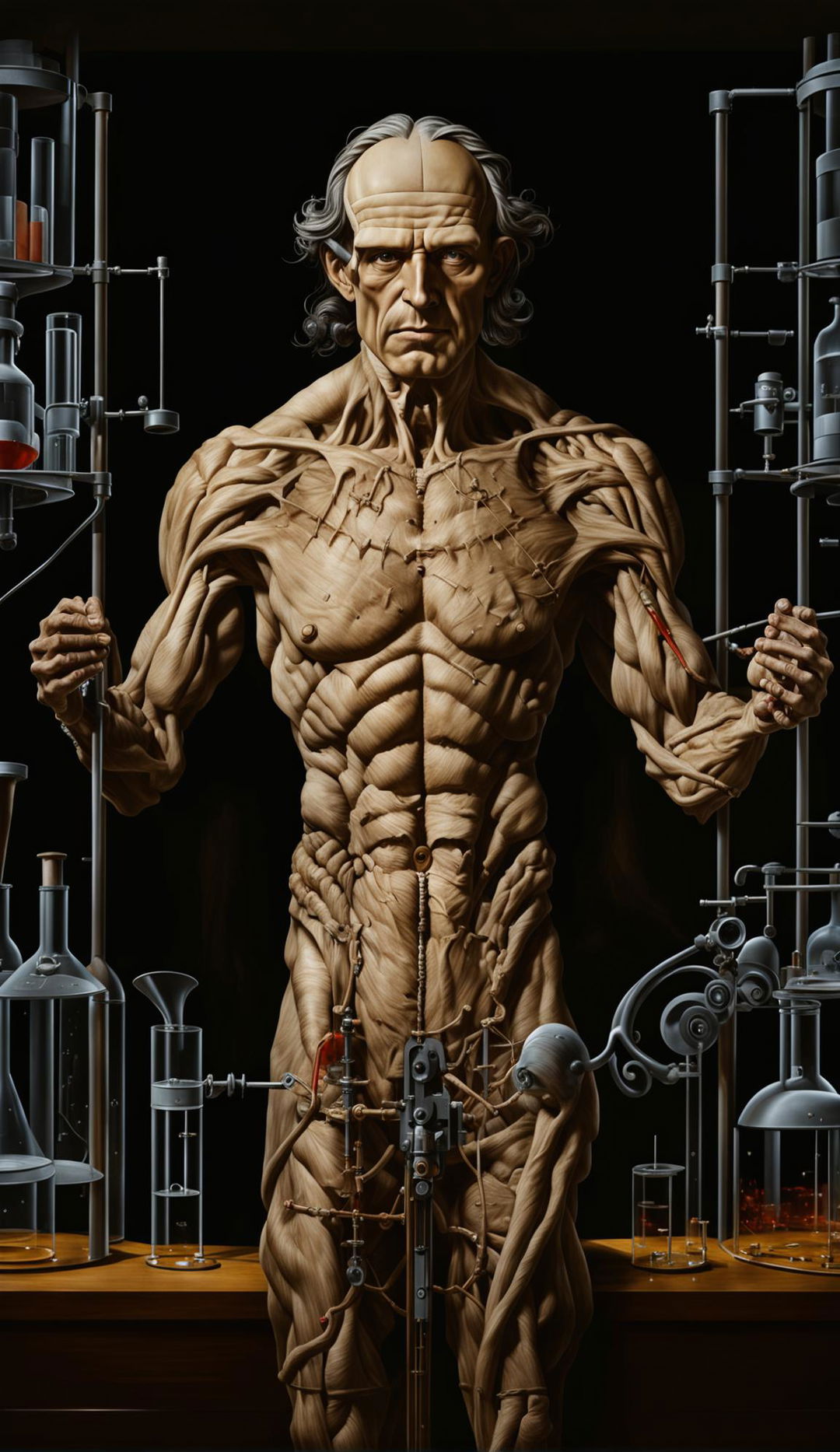 A HD CGI photograph featuring a lifelike Vitruvian Man in a Frankenstein-esque laboratory setting. The figure is disturbingly handsome with a backdrop of antiquated scientific equipment and a looming silhouette of Dr. Frankenstein.