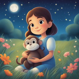 A vibrant cartoon illustration of the same girl and her pet monkey, this time sharing a peaceful moment under a starlit sky in a serene meadow