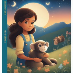 A vibrant cartoon illustration of the same girl and her pet monkey, this time sharing a peaceful moment under a starlit sky in a serene meadow