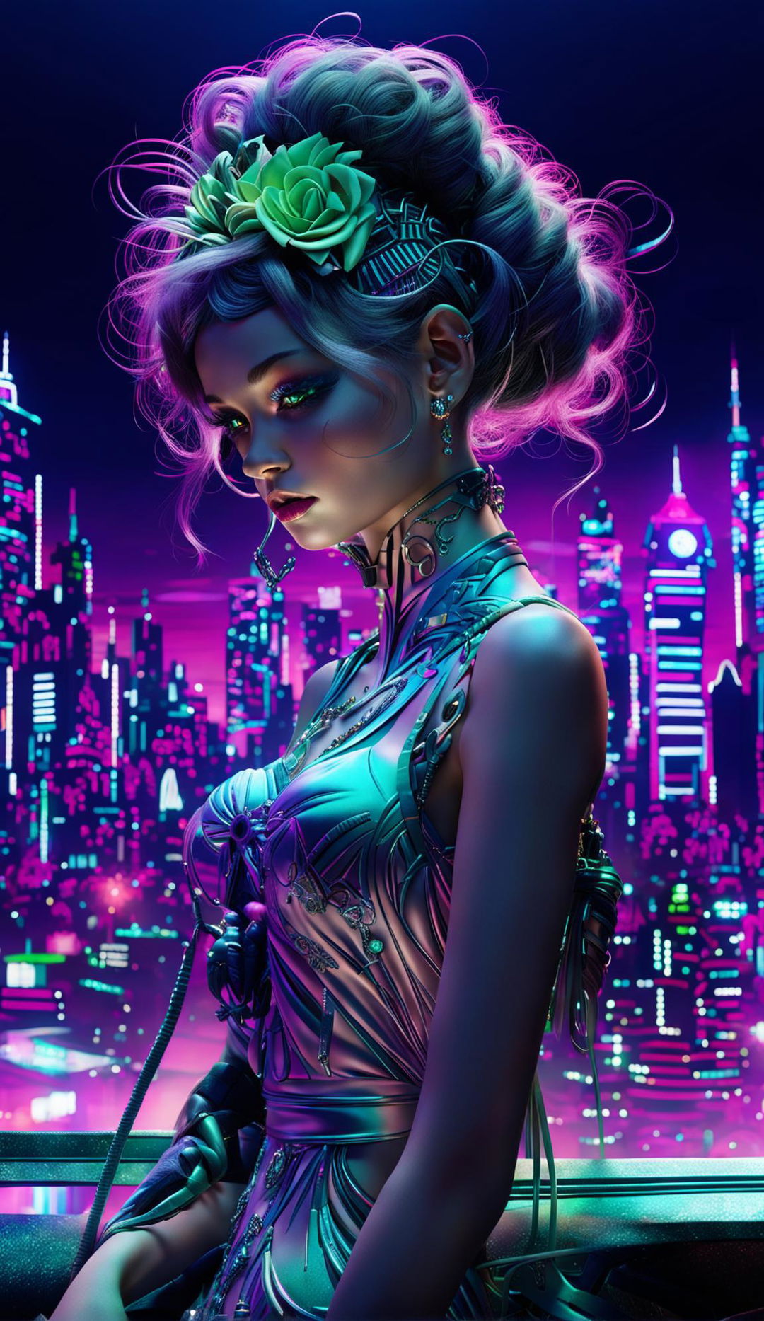 Hyper-realistic 3D rococo cyberpunk alien cat woman with cat-like features in a vibrant, flower-adorned cityscape with striking lighting effects.