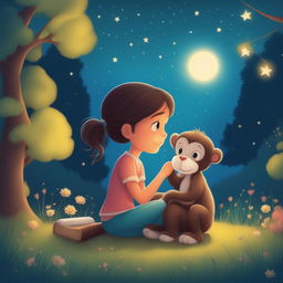 A vibrant cartoon illustration of the same girl and her pet monkey, this time sharing a peaceful moment under a starlit sky in a serene meadow