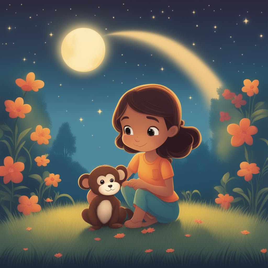 A vibrant cartoon illustration of the same girl and her pet monkey, this time sharing a peaceful moment under a starlit sky in a serene meadow